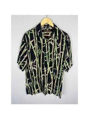 Tori Richard Mens L Hawaiian Shirt Black Bamboo Print Viscose Short Sleeve Camp
